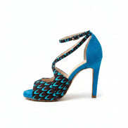 Escarpins BOLINGO bleus turquoise - cuir daim artisanal et wax africain - talon 9cm - vue de profil - HIMBA Fashion