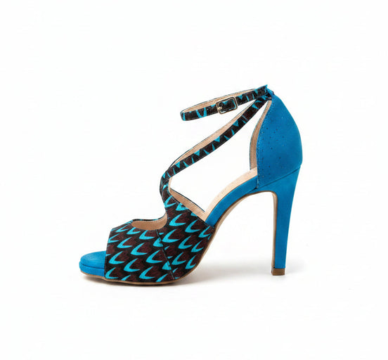 Escarpins BOLINGO bleus turquoise - cuir daim artisanal et wax africain - talon 9cm - vue de profil - HIMBA Fashion