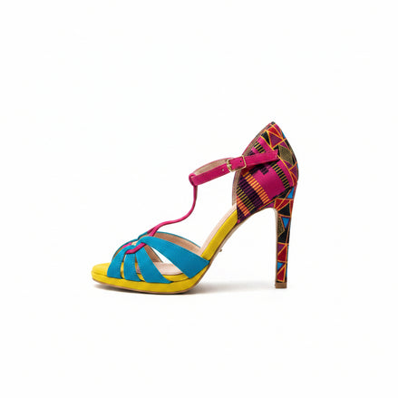 Escarpins DIONGUE jaunes, bleus et fuchsias - cuir artisanal et wax africain - talon 9cm - vue de profil - HIMBA Fashion