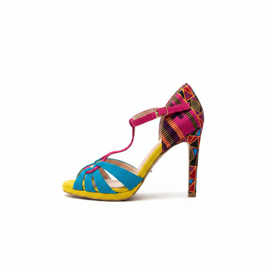 Escarpins DIONGUE jaunes, bleus et fuchsias - cuir artisanal et wax africain - talon 9cm - vue de profil - HIMBA Fashion