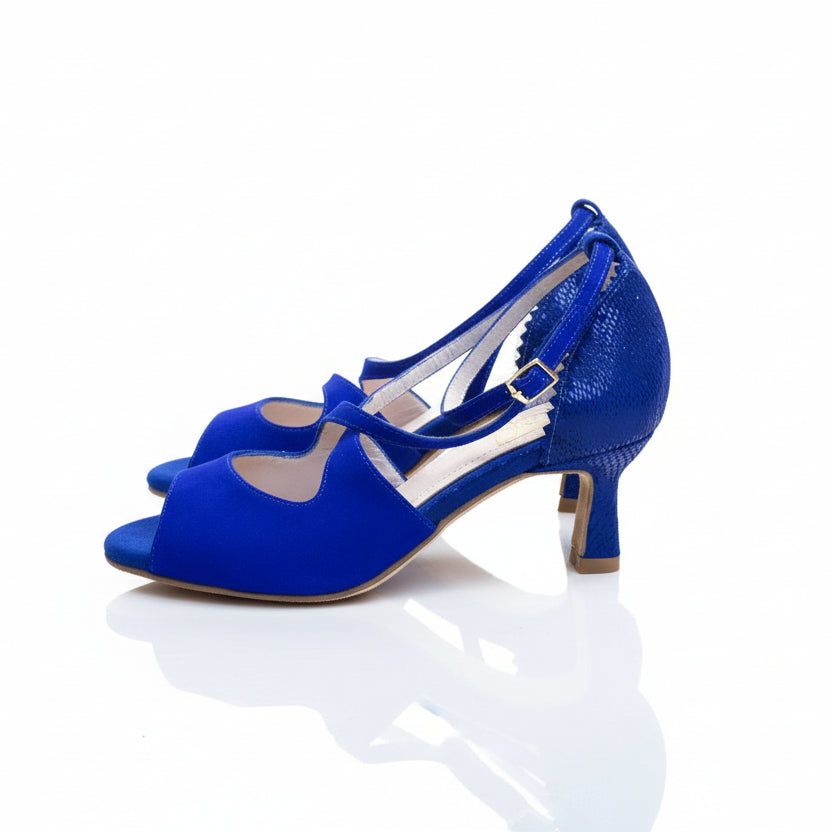 Escarpins de danse femme kizomba bleu electrique cuir daim et cuir effet reptile