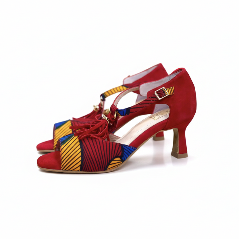 Escarpins GIROGINHA cuir rouge tissu wax talon 5cm - Vue principale - Chaussures danse kizomba confort - Himba Fashion