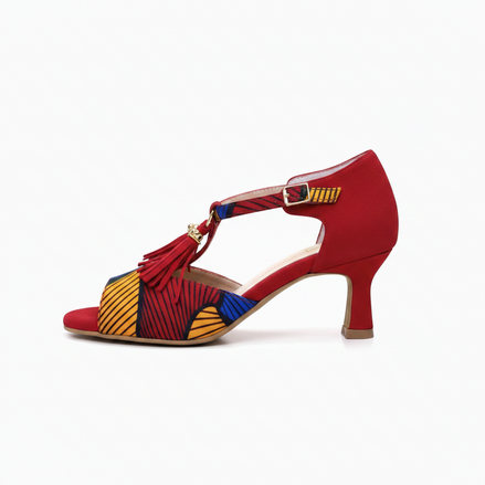 Escarpins GIROGINHA cuir rouge tissu wax talon 5cm - Vue principale - Chaussures danse kizomba confort - Himba Fashion