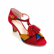 Escarpins IROGINHA cuir tissu wax rouge daim - Vue de haut - Himba Fashion