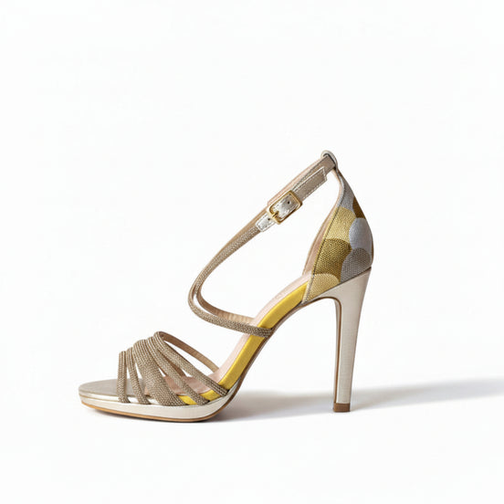 Escarpins KANDANDA jaune et doré lumineux - cuir artisanal et jacquard fabriqué en France - talon 9cm - vue de profil - HIMBA Fashion