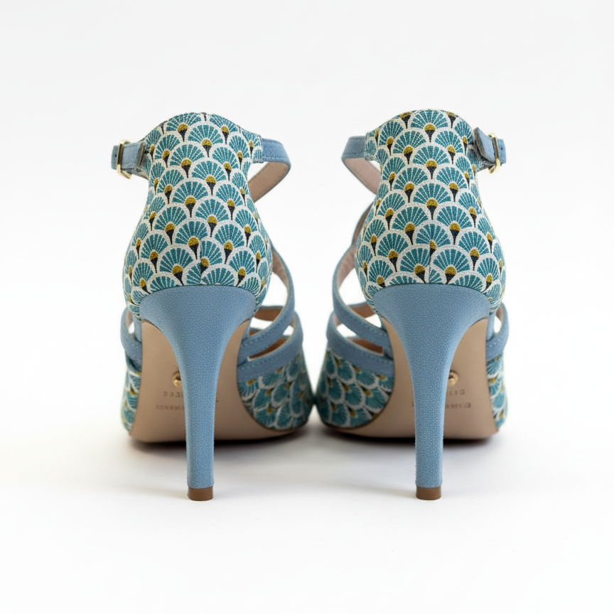 Escarpins kizomba Zuri bleu vue profil - Talon stable bride croisée jacquard - Himba Fashion