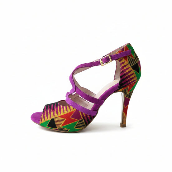 Escarpins MIKATE fuchsias et bleus - cuir daim artisanal et tissu wax africain - talon 8,5cm - vue de profil - HIMBA Fashion