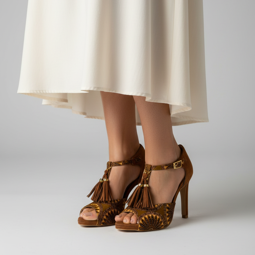 Escarpins MOYTUMA camel - cuir artisanal et wax africain - talon 9cm - vue chaussure portée - HIMBA Fashion