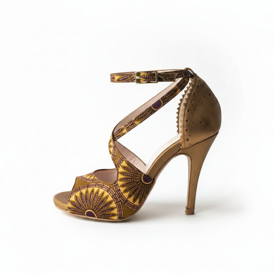 Escarpins NATT cuivrés camel - cuir cuivré artisanal et wax africain - talon 8,5cm - vue de profil - HIMBA Fashion