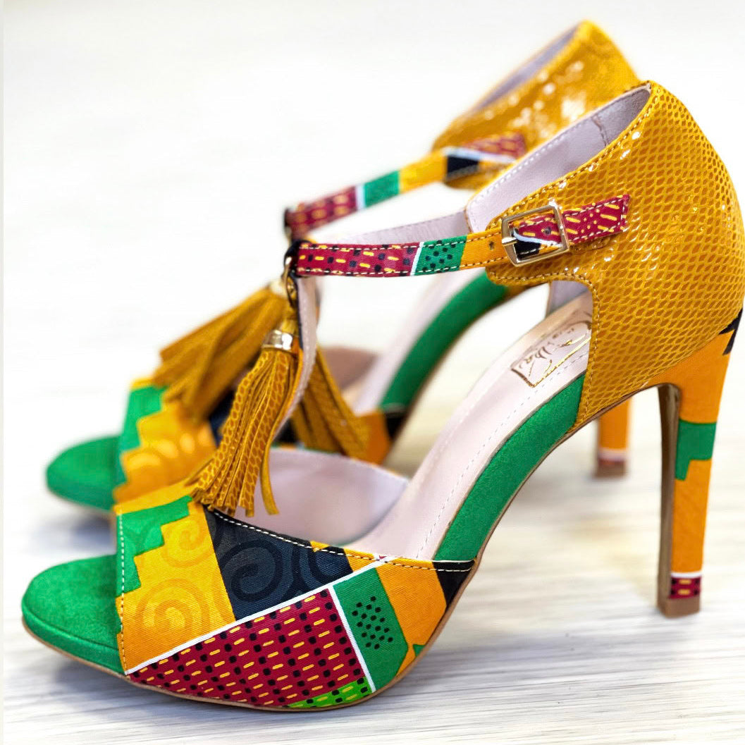 Escarpins NEGAL cuir daim jaune vert tissu wax Kente - Vue arrière - Chaussures artisanales Portugal - Himba Fashion