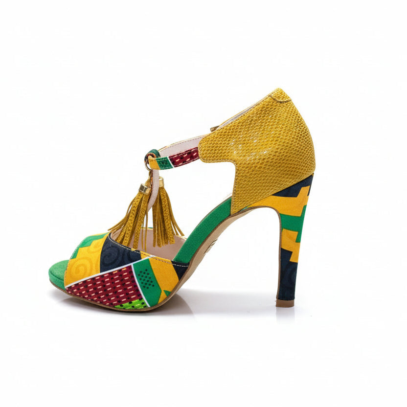 Escarpins NEGAL cuir daim jaune vert tissu wax Kente - Vue principale - Chaussures danse kizomba multicolores - Himba Fashion