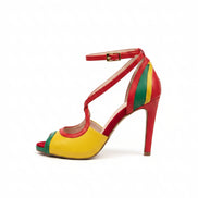 Escarpins NSI SENEGAL rouges, jaunes et verts - cuir artisanal - talons 9cm - vue de profil - HIMBA Fashion