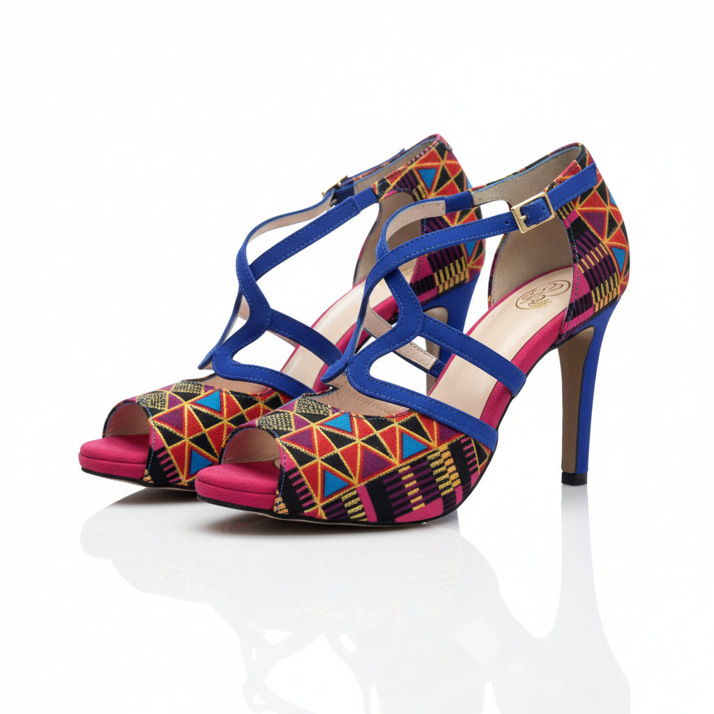 Escarpins NZINGA cuir daim bleu Royal fuchsia wax - Vue principale - Chaussures danse kizomba ethniques - Himba Fashion