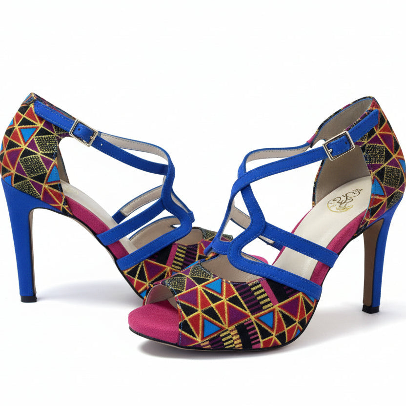 Escarpins NZINGA cuir daim bleu royal fuchsia wax - Vue de profil - Bride croisée dorée - Himba Fashion