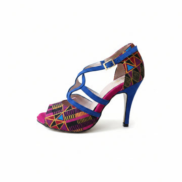 Escarpins NZINGA bleu royal et fuchsia - cuir daim artisanal et wax africain - talon 8,5cm - vue de profil - HIMBA Fashion