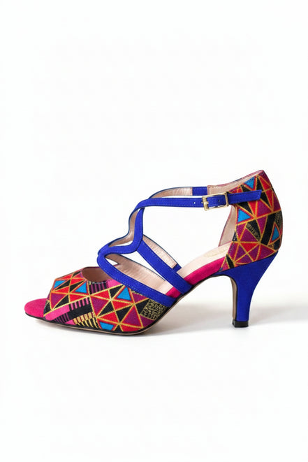 Escarpins NZINGINHA bleu royal et fuchsia - cuir artisanal et wax africain - vue de profil - talon 5cm - HIMBA Fashion