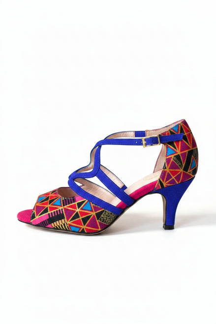 Escarpins NZINGINHA bleu royal et fuchsia - cuir artisanal et wax africain - vue de profil - talon 5cm - HIMBA Fashion