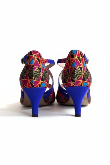 Escarpins NZINGINHA bleu royal et fuchsia - cuir artisanal et wax africain - talon 5cm -vue arrière -  HIMBA Fashion