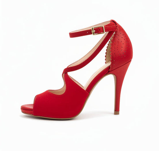 Escarpins ROSALI rouges - cuir artisanal et daim - talon 8,5cm - vue de profil - HIMBA Fashion