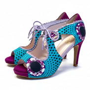 Escarpins TCHISSOLA violets et bleus - cuir artisanal et wax africain - talon 6cm - vue de profil - HIMBA Fashion