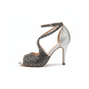 Escarpins ZAYA argenté et multicolore - cuir artisanal et jacquard fabriqué en France - talon 8,5cm - vue de profil - HIMBA Fashion