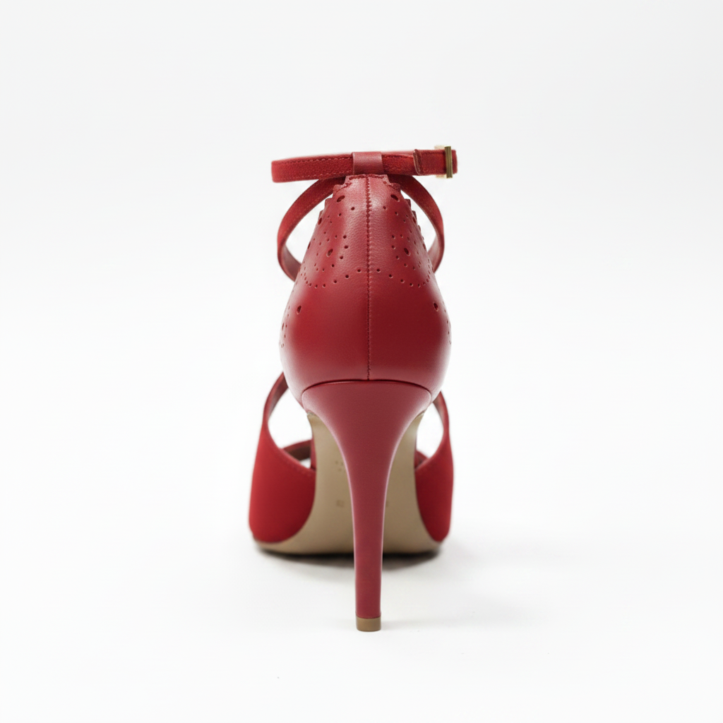 Chaussures kizomba Rosali rouge portées - Escarpins danse femme cuir perforé talon stable bride cheville - Artisanat portugais Himba Fashion