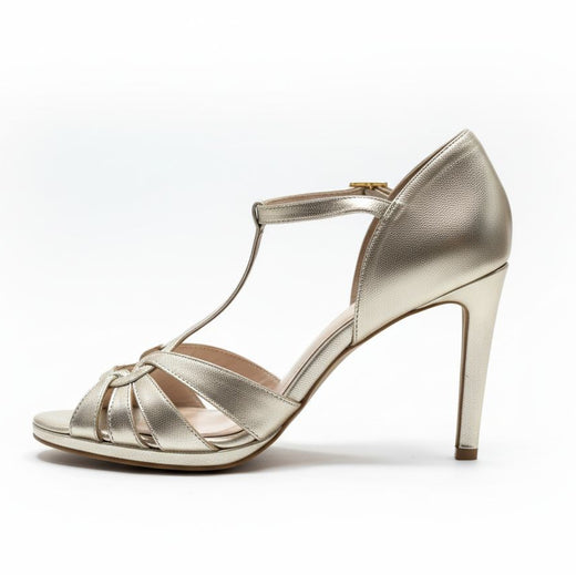 Chaussures de danse Himba Fashion CYRIA en cuir or métallisé, vue latérale, talon haut élégant, bride en T, idéales pour kizomba et occasions spéciales 