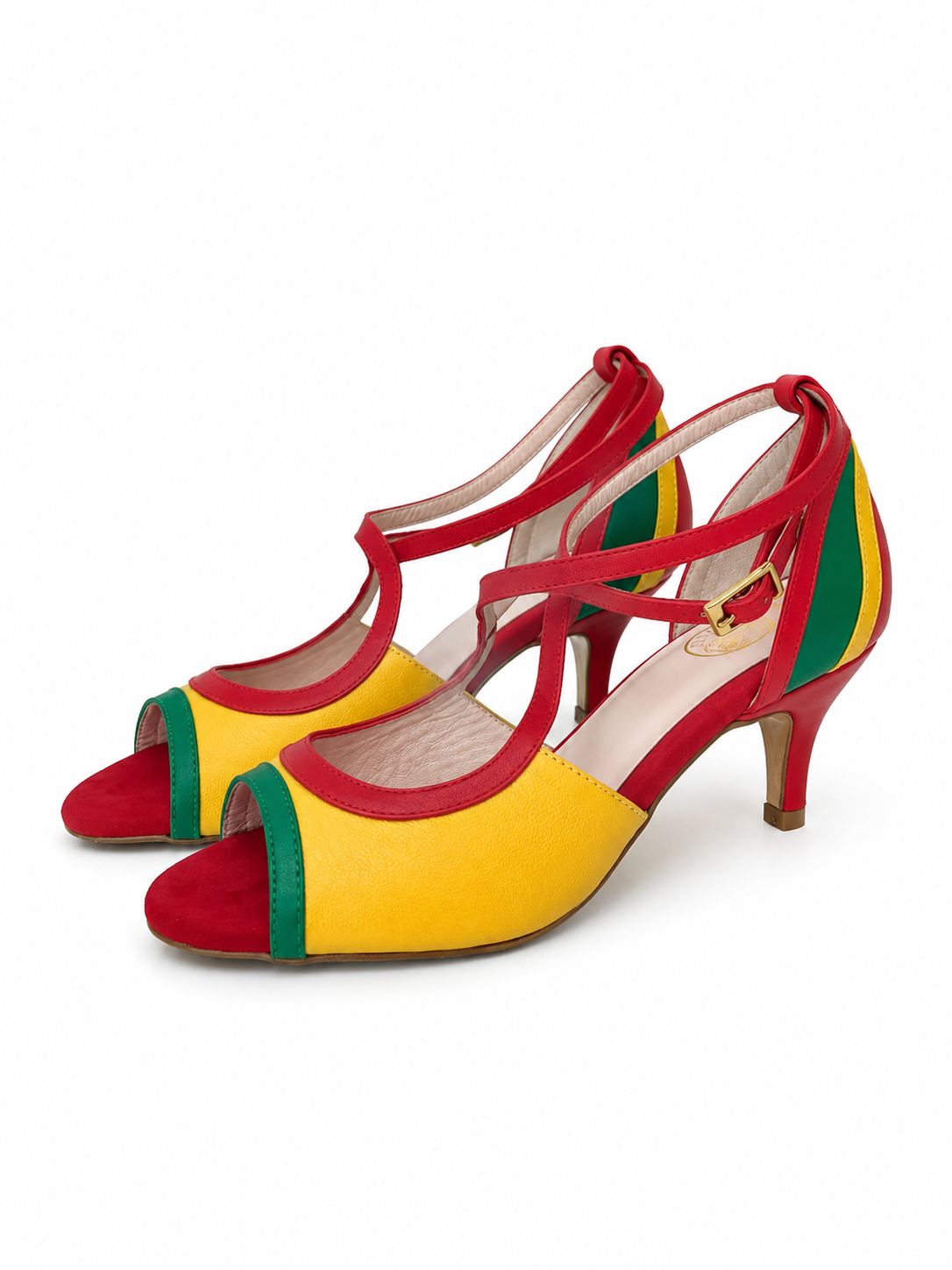 Sandale à talon kitten heel en cuir véritable rouge, jaune et vert, brides croisées à boucle dorée, bout ouvert, fabrication artisanale Portugal Himba Fashion