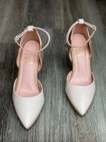 Escarpins YUKI NACRE en cuir blanc nacré doré et pailleté