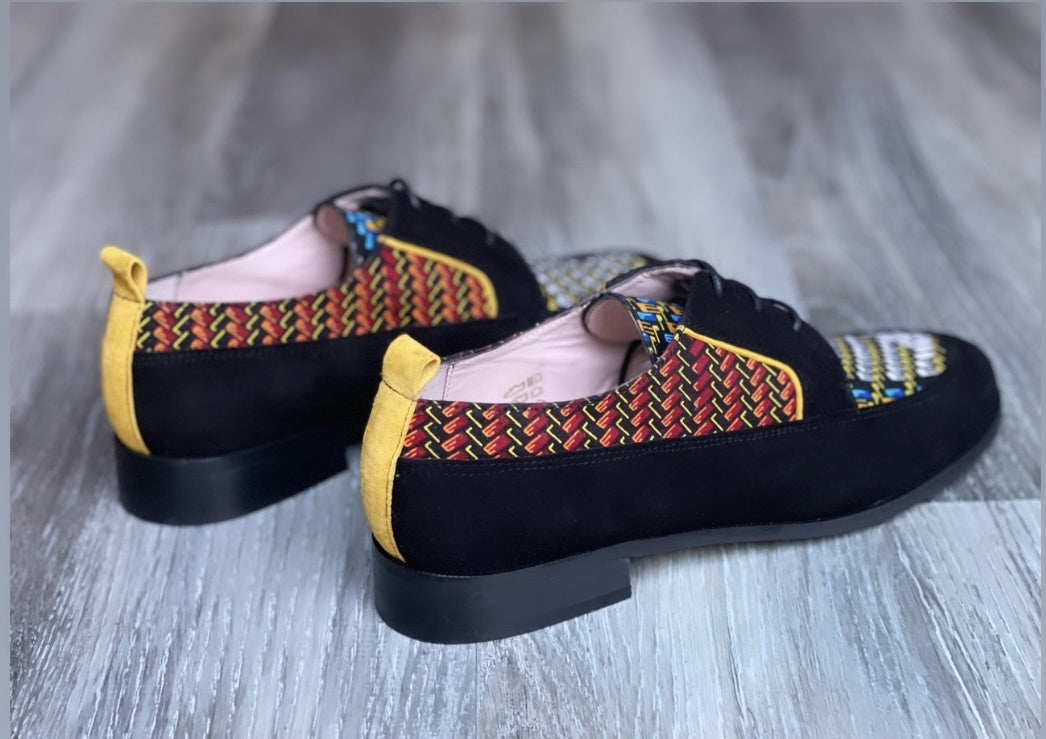 Souliers derbies derby cuir noir et wax ethnique HIMBA