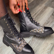 Bottines à lacets AROAB cuir noir et tissu ethnique jacquard