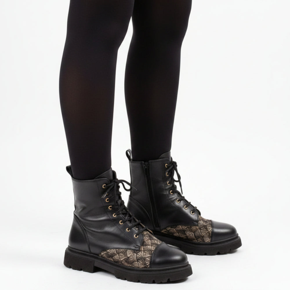 Bottines à lacets AROAB cuir noir et tissu ethnique jacquard