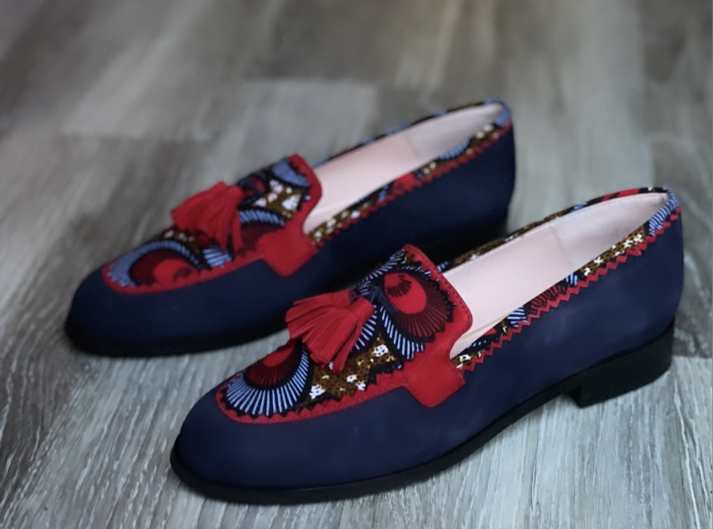 Mocassins rouge bleu marine cuir ethnique HIMBA