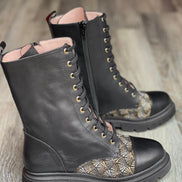 Bottines à lacets AROAB cuir noir et tissu ethnique jacquard