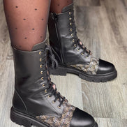 Bottines à lacets AROAB cuir noir et tissu ethnique jacquard