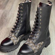Bottines à lacets AROAB cuir noir et tissu ethnique jacquard