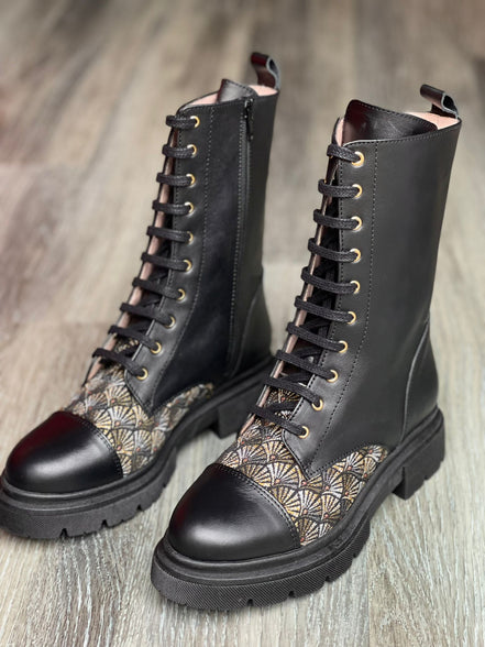 Bottines à lacets AROAB cuir noir et tissu ethnique jacquard