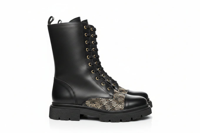 Bottines à lacets AROAB cuir noir et tissu ethnique jacquard
