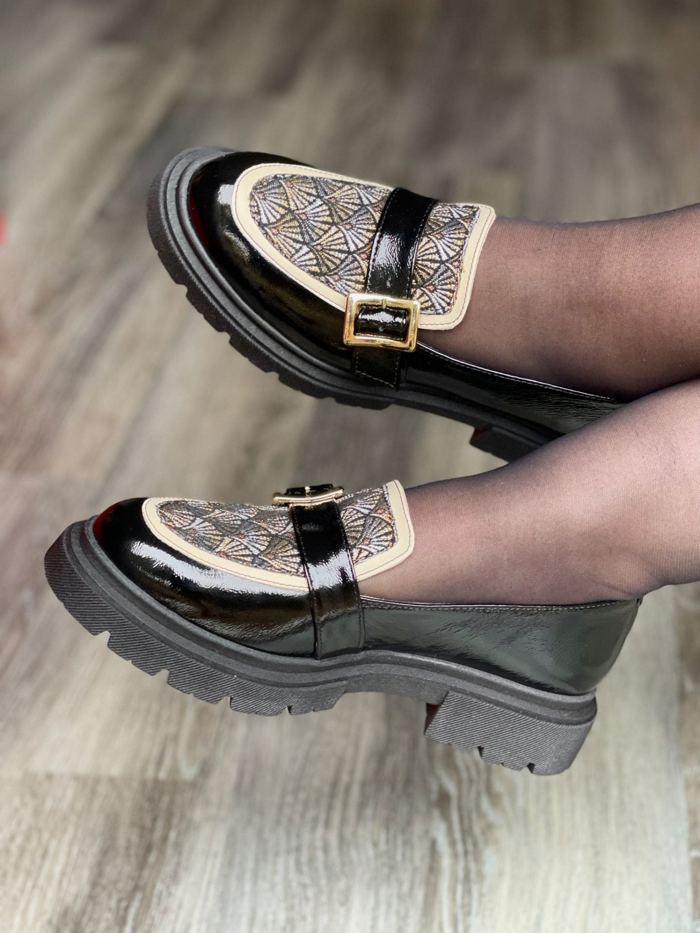 Mocassins sehalin semelle épaisse cuir et tissu tissé jacquard