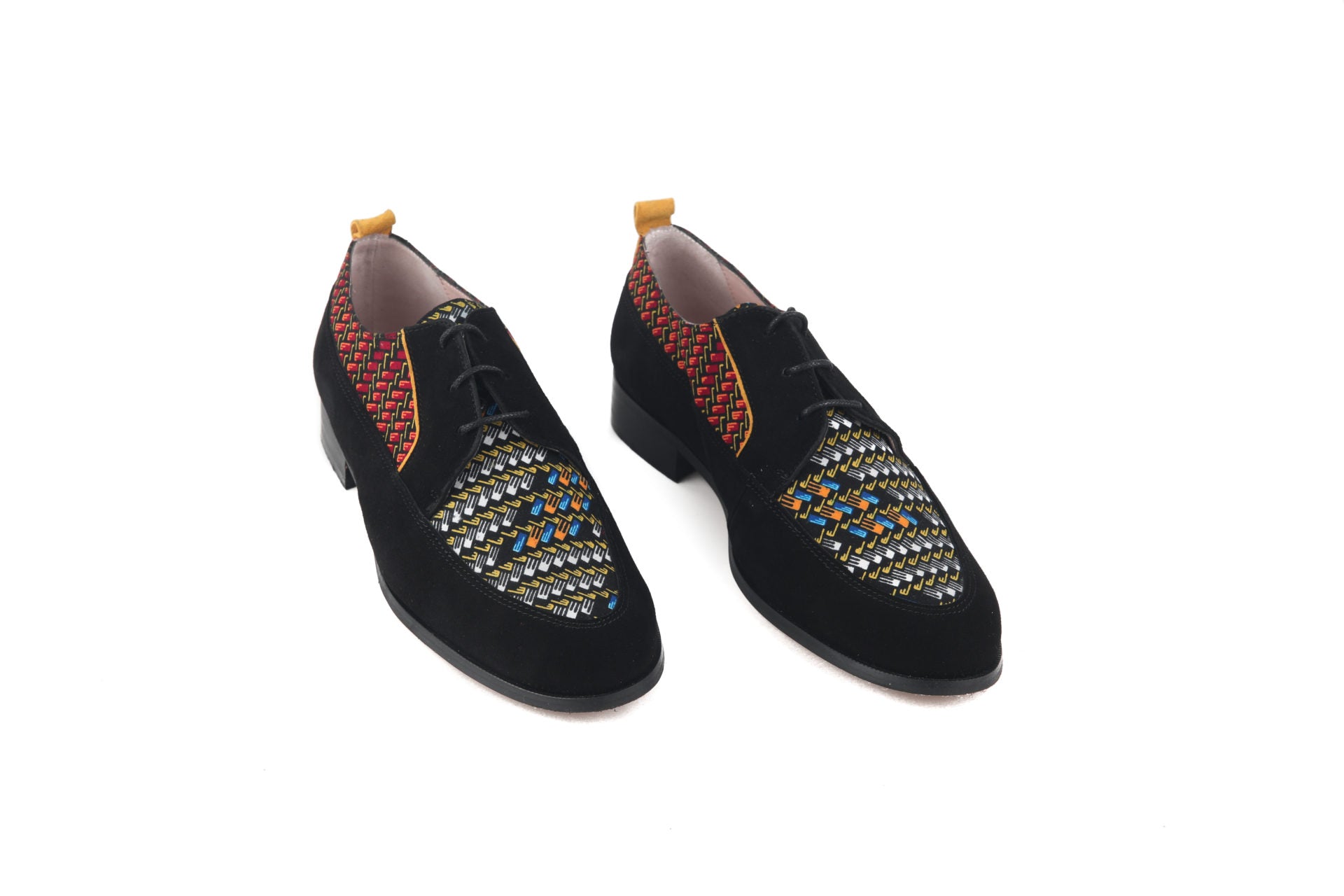 Souliers derbies derby cuir noir et wax ethnique HIMBA