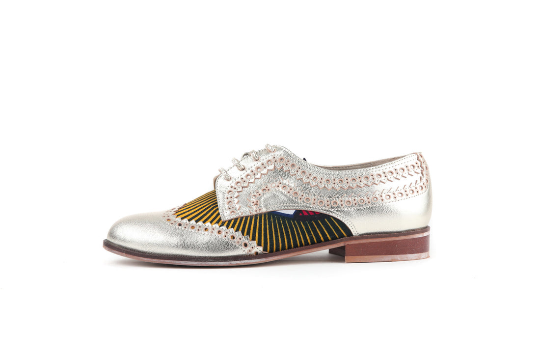 Derbies derby cuir doré et tissu wax