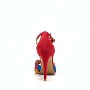 Chaussures à talons pour danse kizomba et semba en daim rouge et tissu wax - modèle unique Himba