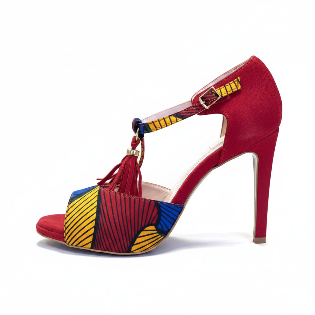 chaussures à talons hauts danse femme en daim rouge et tissu ethnique wax - modèle himba