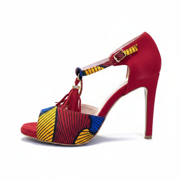 chaussures à talons hauts danse femme en daim rouge et tissu ethnique wax - modèle himba