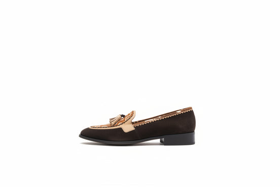 Mocassins HUAMBO marrons - cuir daim artisanal et tissu ethnique africain - vue de profil - HIMBA Fashion