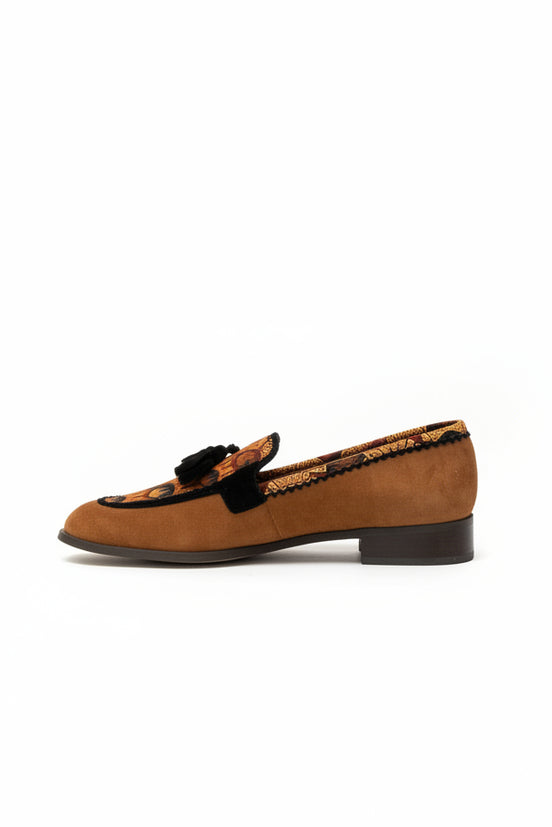 Mocassins MOLOTU camel - cuir artisanal et tissu ethnique - vue de profil - HIMBA Fashion