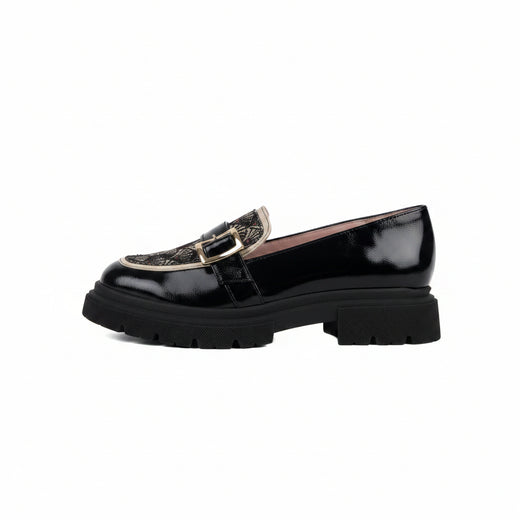 Mocassins SEHALIN noirs et multicolores - cuir artisanal et tissu jacquard fabriqué en France - vue de profil - HIMBA Fashion