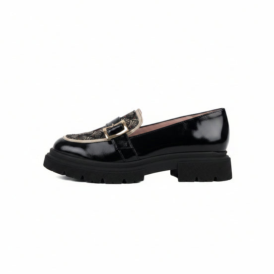 Mocassins SEHALIN noirs et multicolores - cuir artisanal et tissu jacquard fabriqué en France - vue de profil - HIMBA Fashion