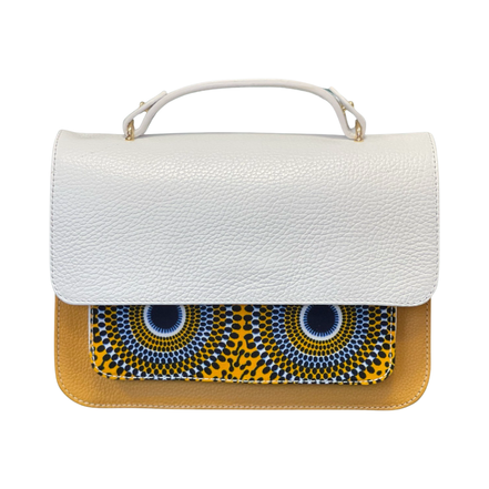 Sac JULIA blanc et multicolore - cuir artisanal et wax africain - Lé'cm x h16,5cm x P8cm - vue principale - HIMBA Fashion