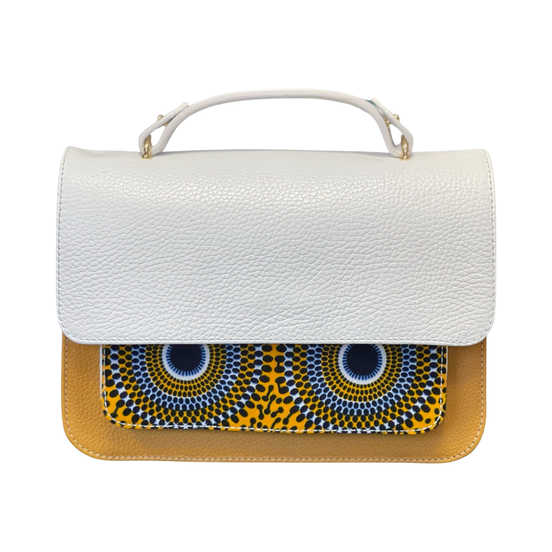 Sac JULIA blanc et multicolore - cuir artisanal et wax africain - Lé'cm x h16,5cm x P8cm - vue principale - HIMBA Fashion